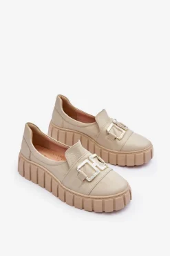 Best Boto Skórzane Półbuty Damskie Na Platformie Beżowe Lewski 3398 Beżowy