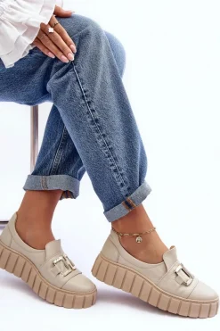 Best Boto Skórzane Półbuty Damskie Na Platformie Beżowe Lewski 3398 Beżowy