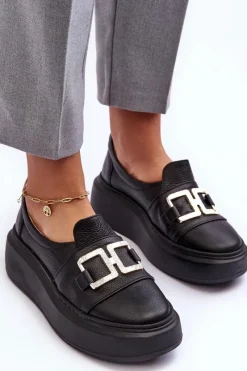 Półbuty Skórzane>Boto Skórzane Półbuty Damskie Na Platformie Czarne Lewski 3398/2 Czarny