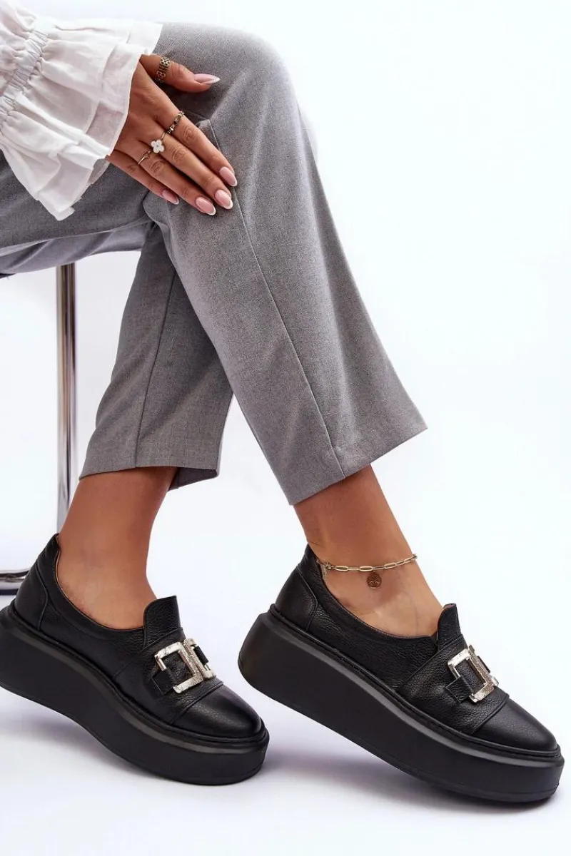 Półbuty Skórzane>Boto Skórzane Półbuty Damskie Na Platformie Czarne Lewski 3398/2 Czarny