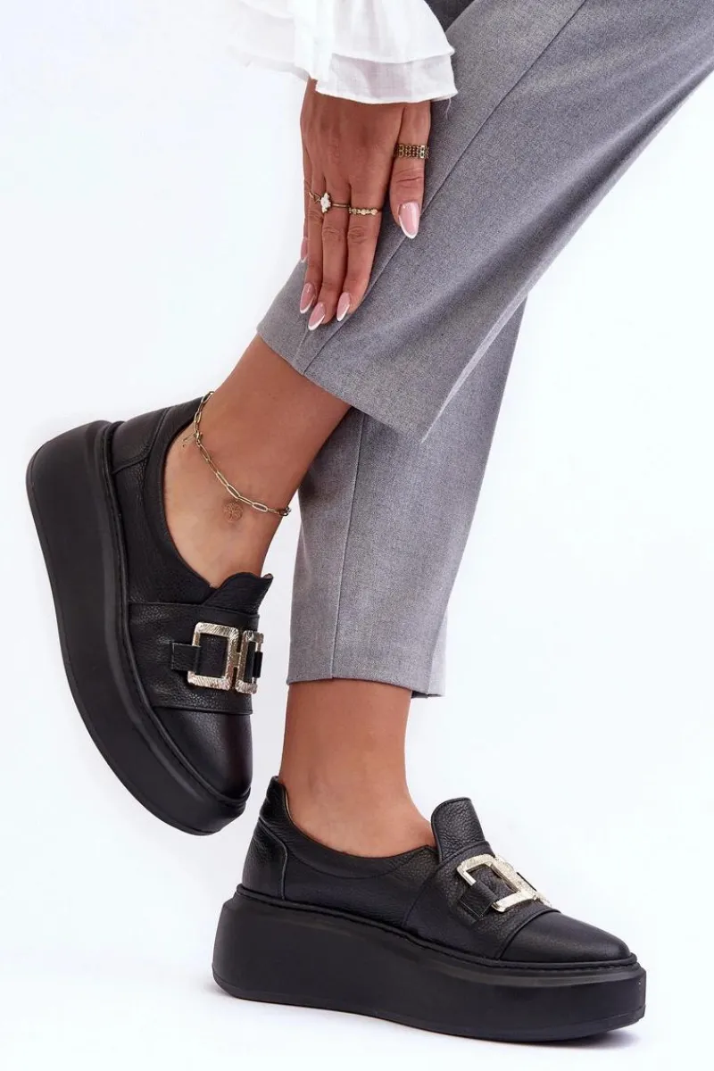 Półbuty Skórzane>Boto Skórzane Półbuty Damskie Na Platformie Czarne Lewski 3398/2 Czarny