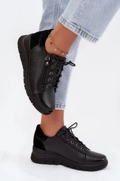 Outlet Buty damskie Vinceza Skórzane Półbuty Damskie Na Koturnie Vinceza 39964 Czarne Czarny