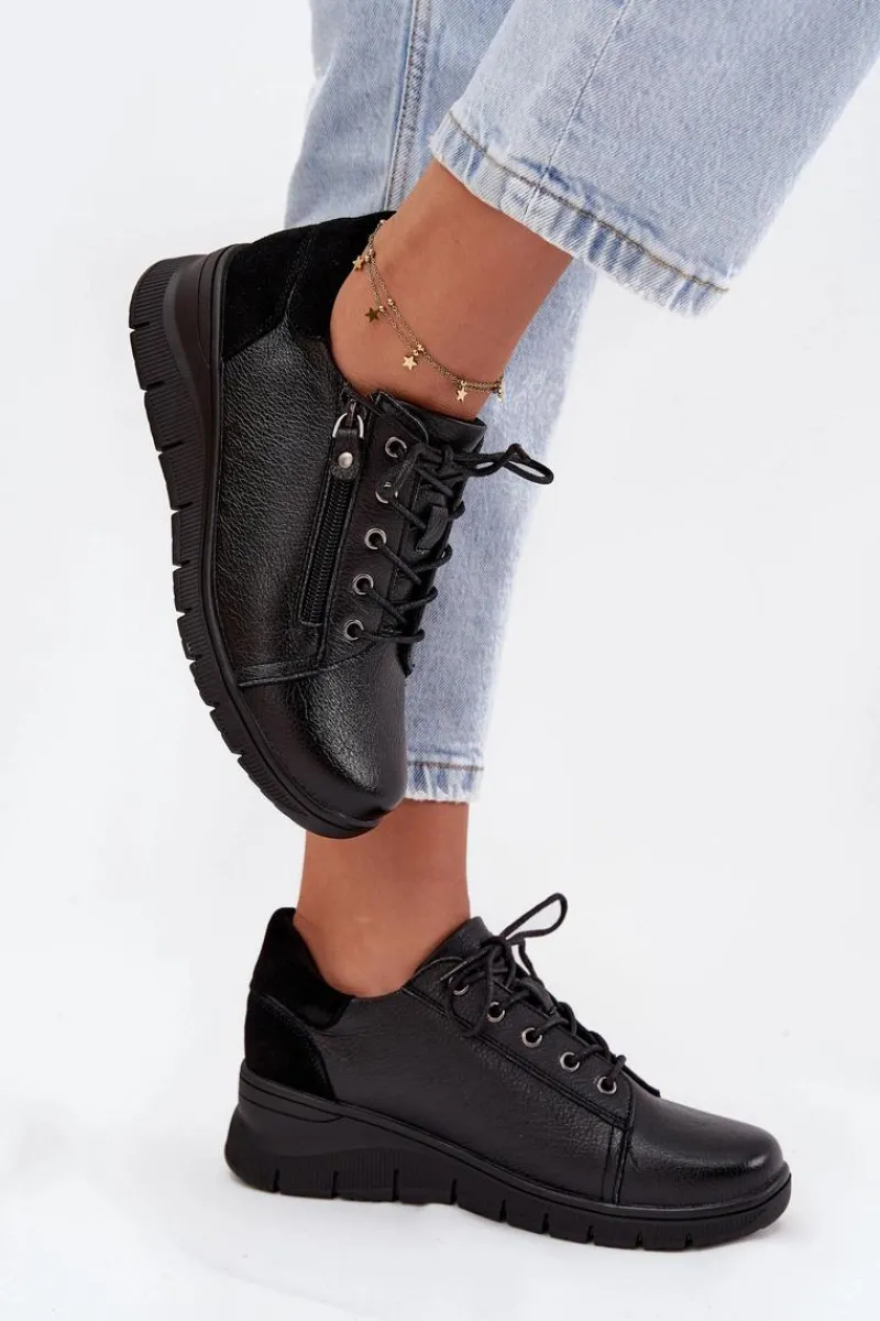 Outlet Buty damskie Vinceza Skórzane Półbuty Damskie Na Koturnie Vinceza 39964 Czarne Czarny