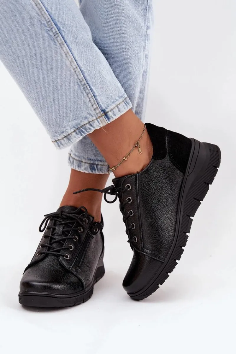 Outlet Buty damskie Vinceza Skórzane Półbuty Damskie Na Koturnie Vinceza 39964 Czarne Czarny