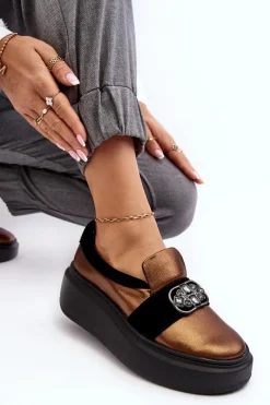 Outlet Skórzane Półbuty Damskie Na Platformie Z Ozdobą 2697/744-300 Złote Damskie Półbuty Skórzane