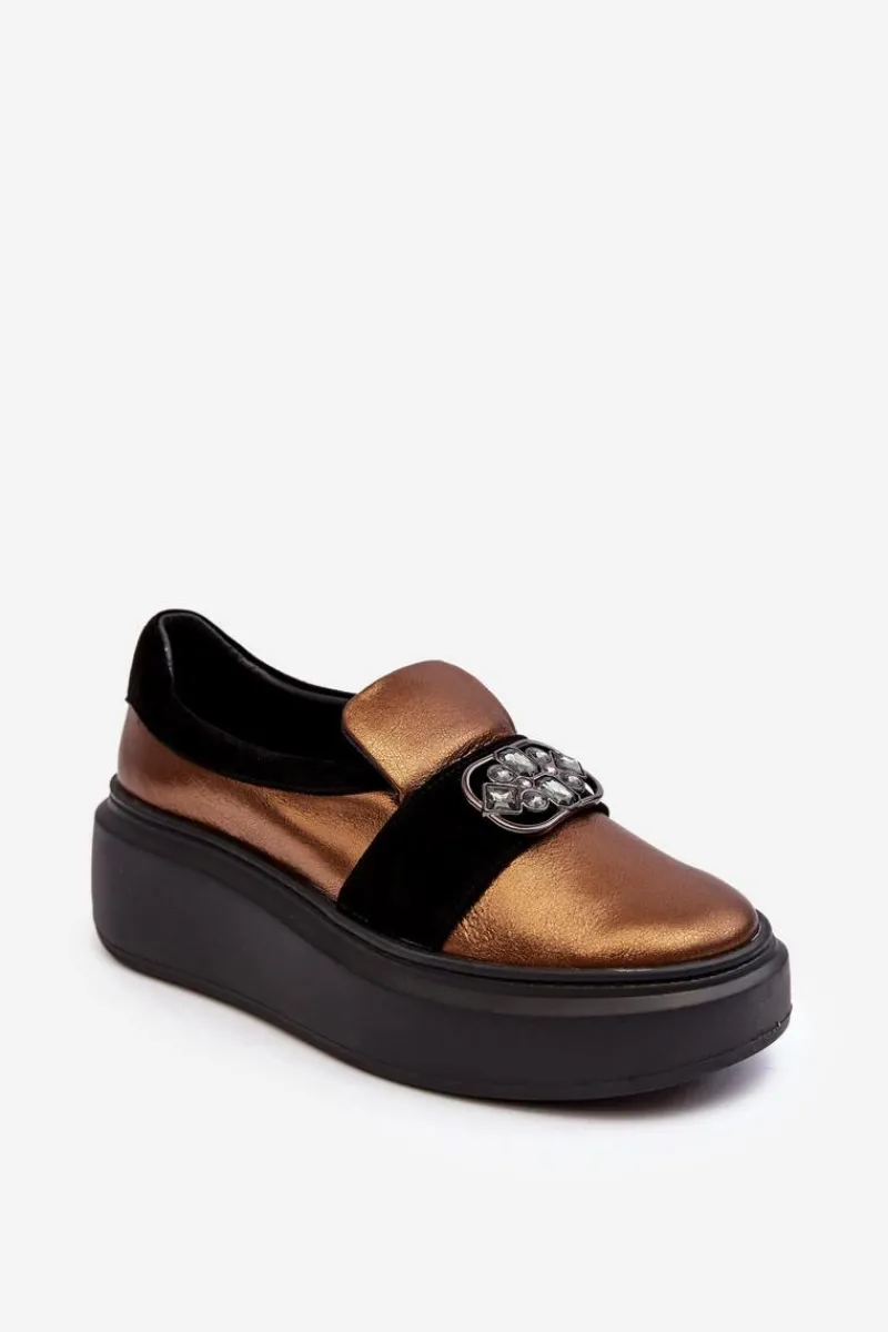 Outlet Skórzane Półbuty Damskie Na Platformie Z Ozdobą 2697/744-300 Złote Damskie Półbuty Skórzane
