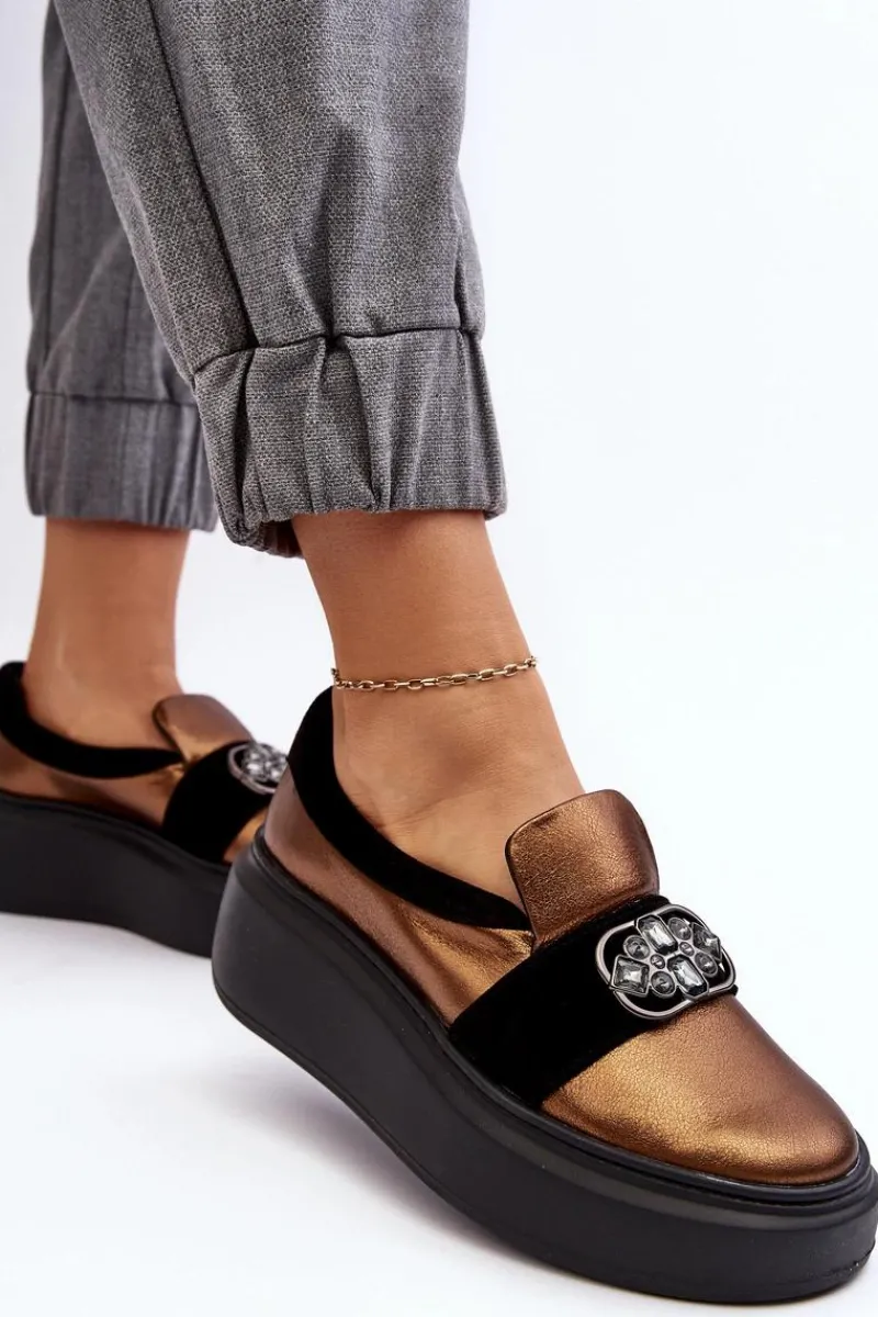 Outlet Skórzane Półbuty Damskie Na Platformie Z Ozdobą 2697/744-300 Złote Damskie Półbuty Skórzane