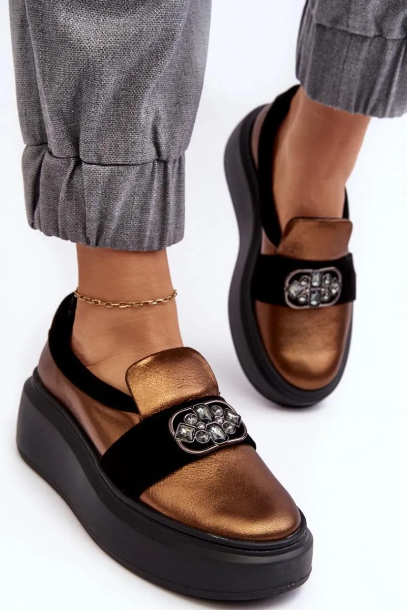 Outlet Skórzane Półbuty Damskie Na Platformie Z Ozdobą 2697/744-300 Złote Damskie Półbuty Skórzane