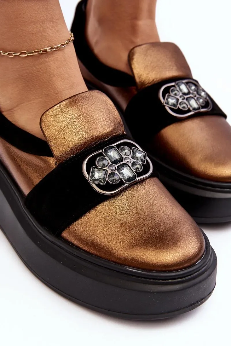 Outlet Skórzane Półbuty Damskie Na Platformie Z Ozdobą 2697/744-300 Złote Damskie Półbuty Skórzane