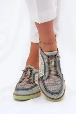 Discount Skórzane Półbuty Damskie Wzorzyste 06784-09 Zielone Damskie Półbuty Skórzane