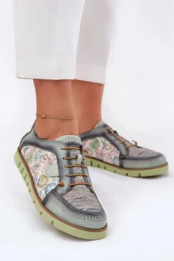 Discount Skórzane Półbuty Damskie Wzorzyste 06784-09 Zielone Damskie Półbuty Skórzane