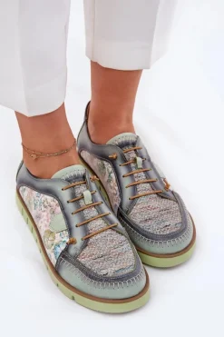 Discount Skórzane Półbuty Damskie Wzorzyste 06784-09 Zielone Damskie Półbuty Skórzane