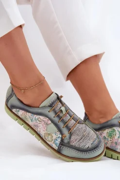 Discount Skórzane Półbuty Damskie Wzorzyste 06784-09 Zielone Damskie Półbuty Skórzane