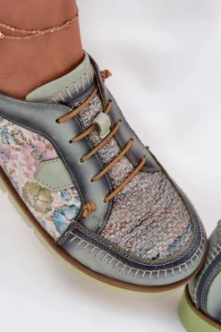 Discount Skórzane Półbuty Damskie Wzorzyste 06784-09 Zielone Damskie Półbuty Skórzane