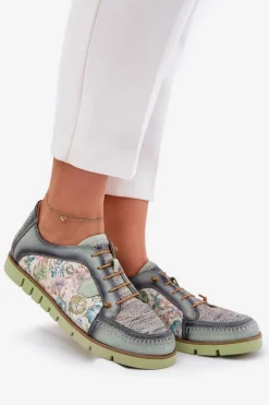 Discount Skórzane Półbuty Damskie Wzorzyste 06784-09 Zielone Damskie Półbuty Skórzane
