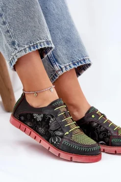Discount Maciejka Skórzane Półbuty Damskie Wzorzyste 06784-20 Czarne Czarny