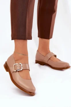 Best Skórzane Półbuty Damskie Z Klamrą 2980 Ciemnobeżowe Damskie Półbuty Skórzane