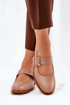 Best Skórzane Półbuty Damskie Z Klamrą 2980 Ciemnobeżowe Damskie Półbuty Skórzane