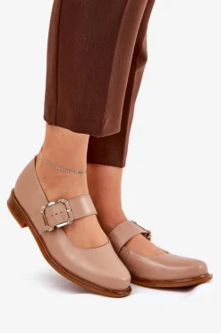 Best Skórzane Półbuty Damskie Z Klamrą 2980 Ciemnobeżowe Damskie Półbuty Skórzane