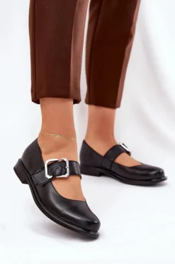 Sale Laura Messi Skórzane Półbuty Damskie Z Klamrą 2980 Czarne Czarny