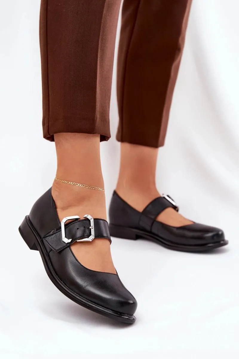 Sale Laura Messi Skórzane Półbuty Damskie Z Klamrą 2980 Czarne Czarny