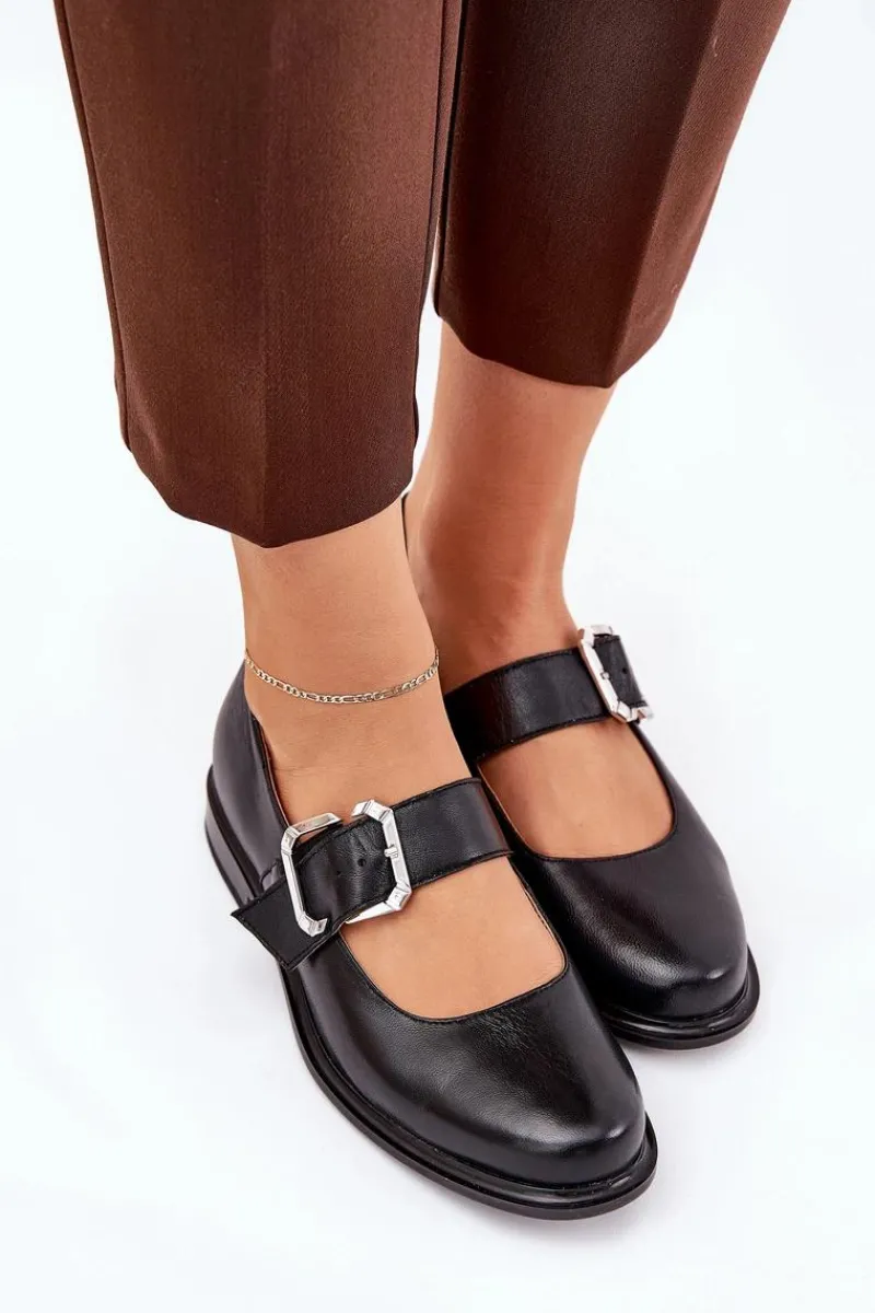 Sale Laura Messi Skórzane Półbuty Damskie Z Klamrą 2980 Czarne Czarny