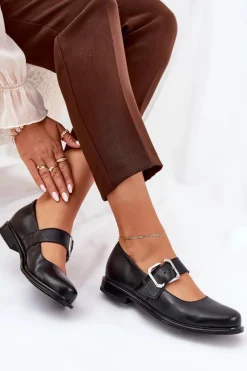 Sale Laura Messi Skórzane Półbuty Damskie Z Klamrą 2980 Czarne Czarny