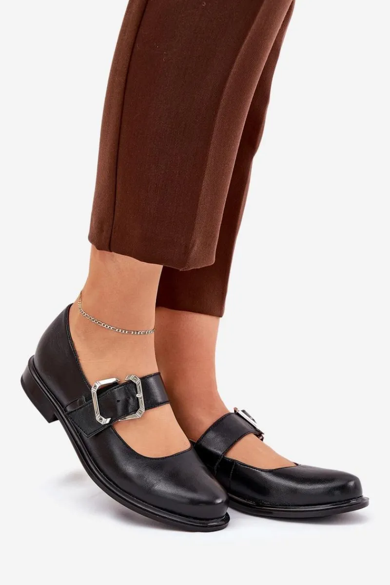 Sale Laura Messi Skórzane Półbuty Damskie Z Klamrą 2980 Czarne Czarny