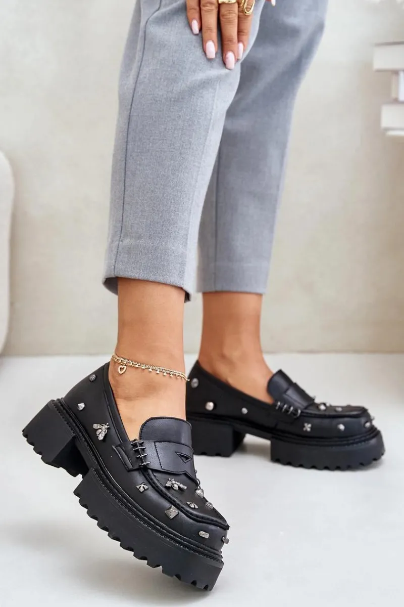 Online Damskie buty S.Barski Skórzane Półbuty Damskie Z Ozdobami D&A MR880-102 Czarne Czarny