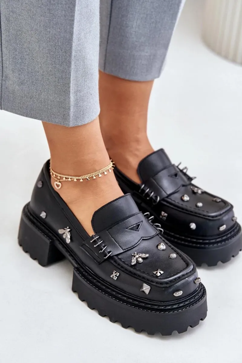 Online Damskie buty S.Barski Skórzane Półbuty Damskie Z Ozdobami D&A MR880-102 Czarne Czarny