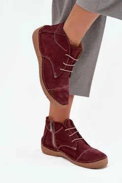 New Skórzane Półbuty Damskie Z Przeszyciami Na Zamek 57C2116 Bordowe Damskie Półbuty Skórzane