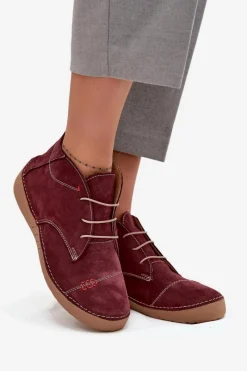 New Skórzane Półbuty Damskie Z Przeszyciami Na Zamek 57C2116 Bordowe Damskie Półbuty Skórzane