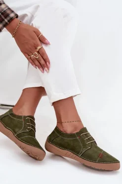 Discount Skórzane Półbuty Damskie Z Przeszyciami 57C2112 Zielone Damskie Półbuty Skórzane