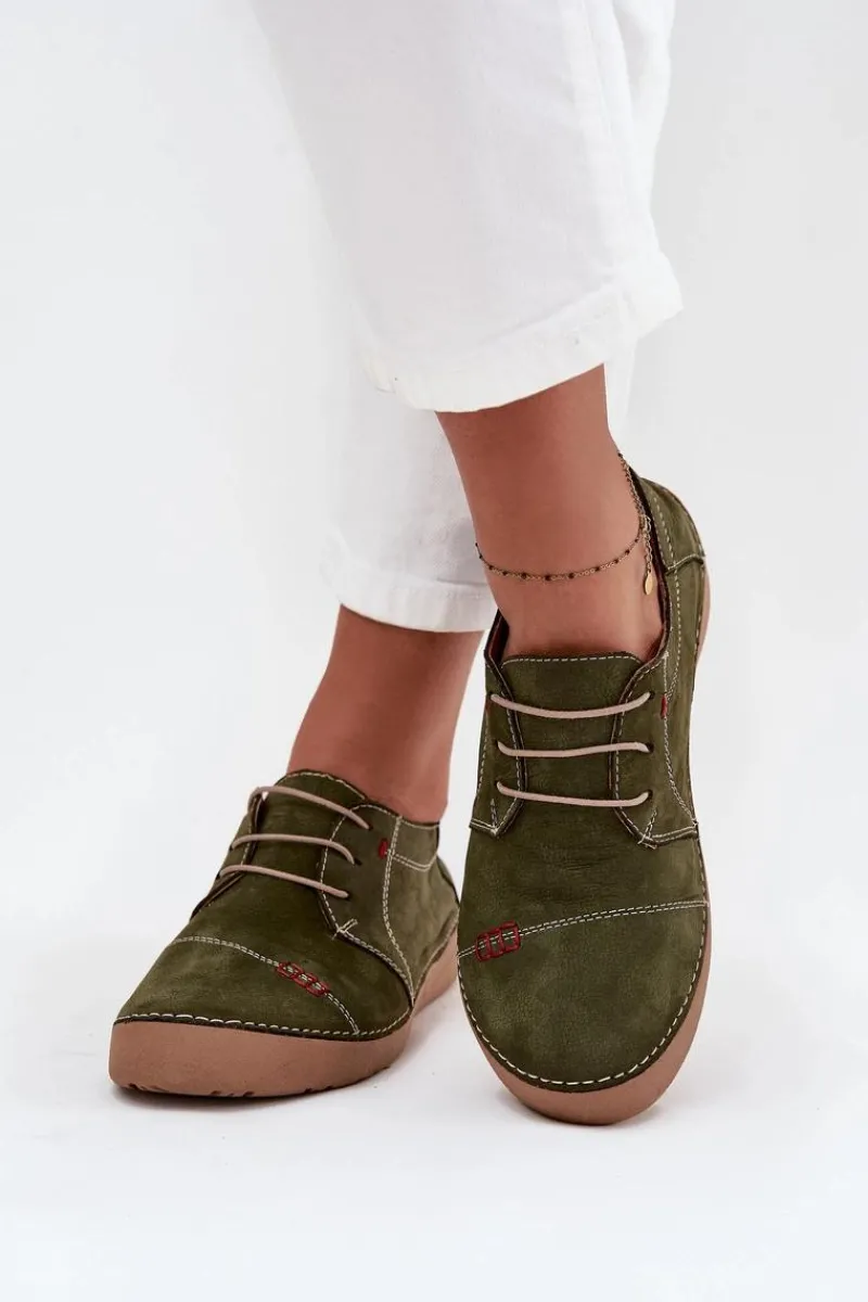 Discount Skórzane Półbuty Damskie Z Przeszyciami 57C2112 Zielone Damskie Półbuty Skórzane