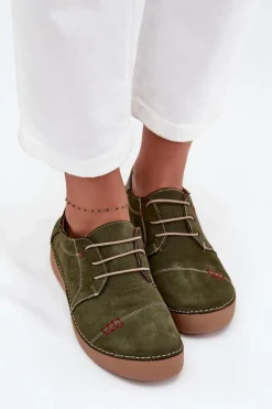 Discount Skórzane Półbuty Damskie Z Przeszyciami 57C2112 Zielone Damskie Półbuty Skórzane