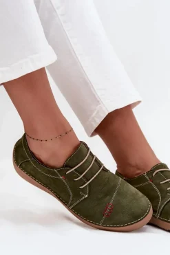 Discount Skórzane Półbuty Damskie Z Przeszyciami 57C2112 Zielone Damskie Półbuty Skórzane