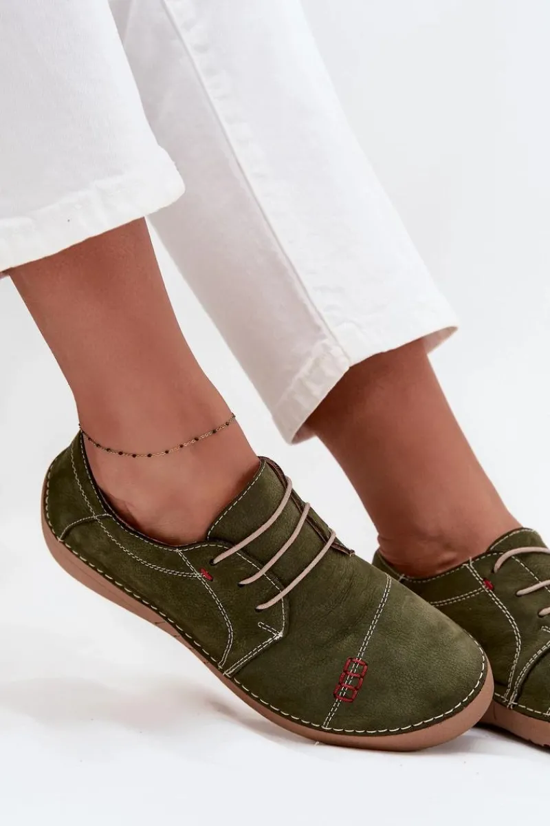 Discount Skórzane Półbuty Damskie Z Przeszyciami 57C2112 Zielone Damskie Półbuty Skórzane