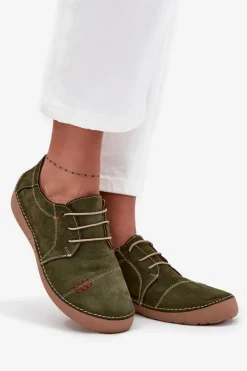 Discount Skórzane Półbuty Damskie Z Przeszyciami 57C2112 Zielone Damskie Półbuty Skórzane