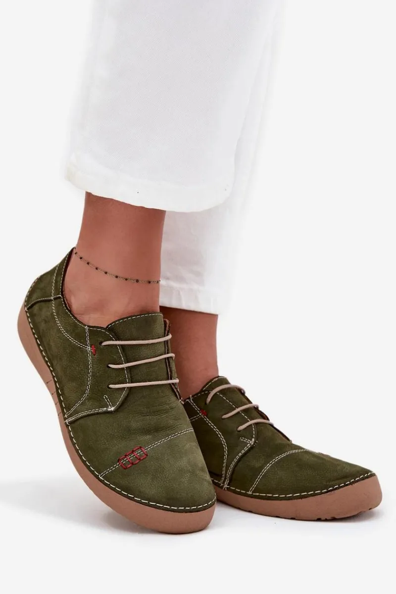 Discount Skórzane Półbuty Damskie Z Przeszyciami 57C2112 Zielone Damskie Półbuty Skórzane