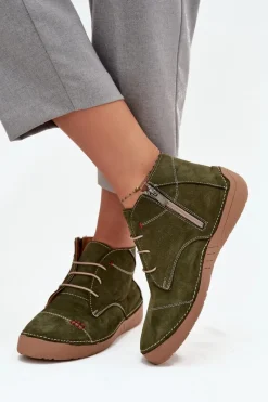 Clearance Artiker Skórzane Półbuty Damskie Z Przeszyciami Na Zamek 57C2119 Zielone Zielony