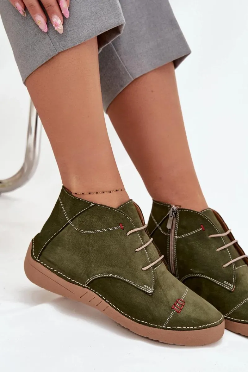 Clearance Artiker Skórzane Półbuty Damskie Z Przeszyciami Na Zamek 57C2119 Zielone Zielony