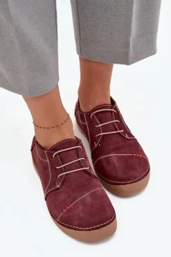 New Artiker Skórzane Półbuty Damskie Z Przeszyciami 57C2111 Bordowe Czerwony