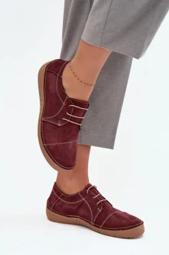 New Artiker Skórzane Półbuty Damskie Z Przeszyciami 57C2111 Bordowe Czerwony