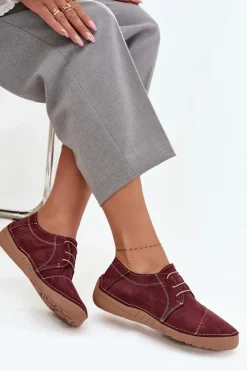 New Artiker Skórzane Półbuty Damskie Z Przeszyciami 57C2111 Bordowe Czerwony