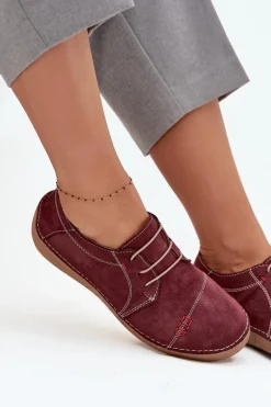 New Artiker Skórzane Półbuty Damskie Z Przeszyciami 57C2111 Bordowe Czerwony