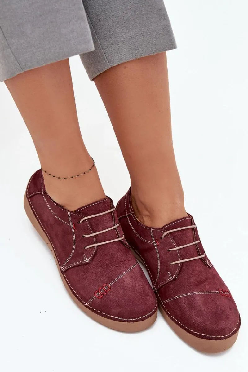 New Artiker Skórzane Półbuty Damskie Z Przeszyciami 57C2111 Bordowe Czerwony