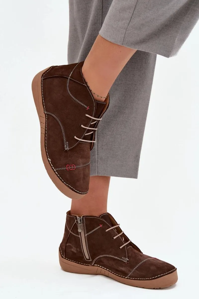 Półbuty Skórzane>Artiker Skórzane Półbuty Damskie Z Przeszyciami Na Zamek 57C2117 Brązowe Brązowy