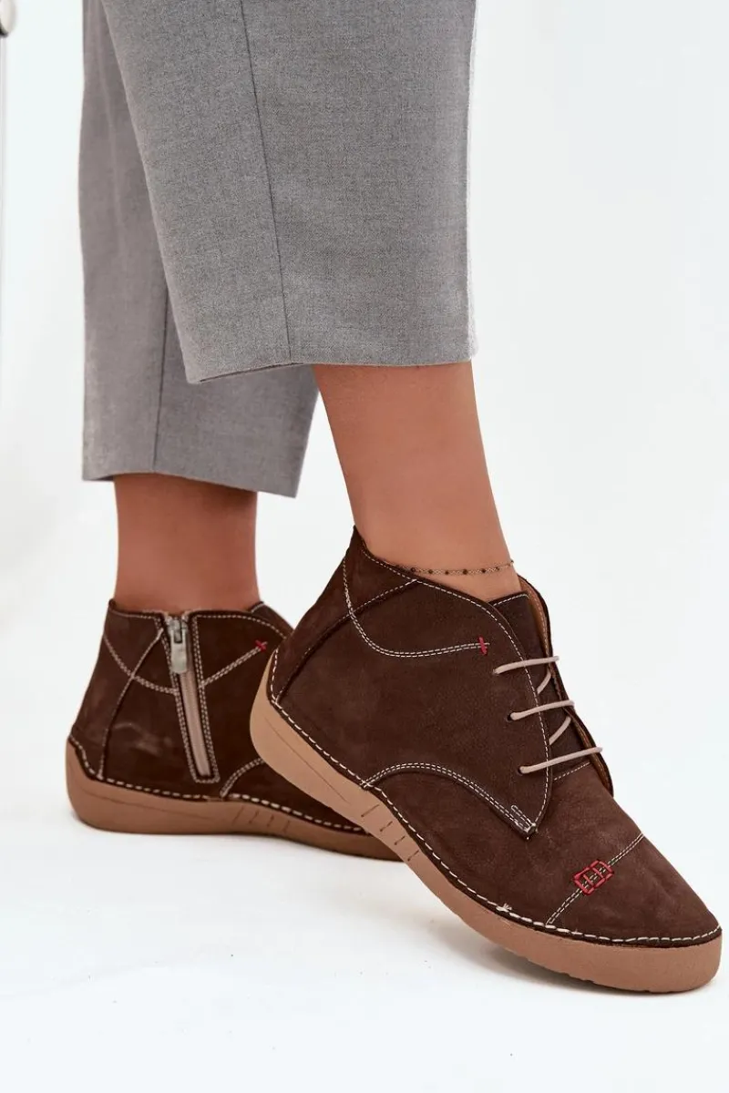 Półbuty Skórzane>Artiker Skórzane Półbuty Damskie Z Przeszyciami Na Zamek 57C2117 Brązowe Brązowy
