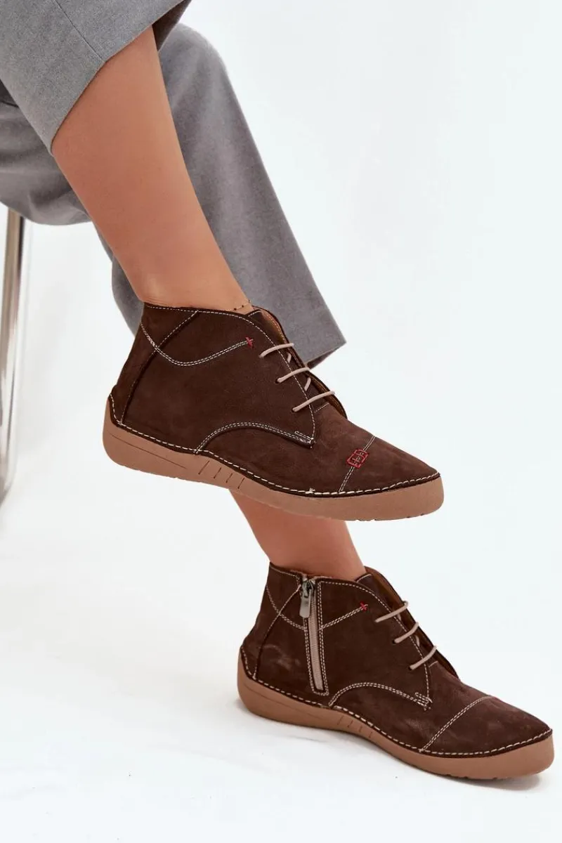 Półbuty Skórzane>Artiker Skórzane Półbuty Damskie Z Przeszyciami Na Zamek 57C2117 Brązowe Brązowy
