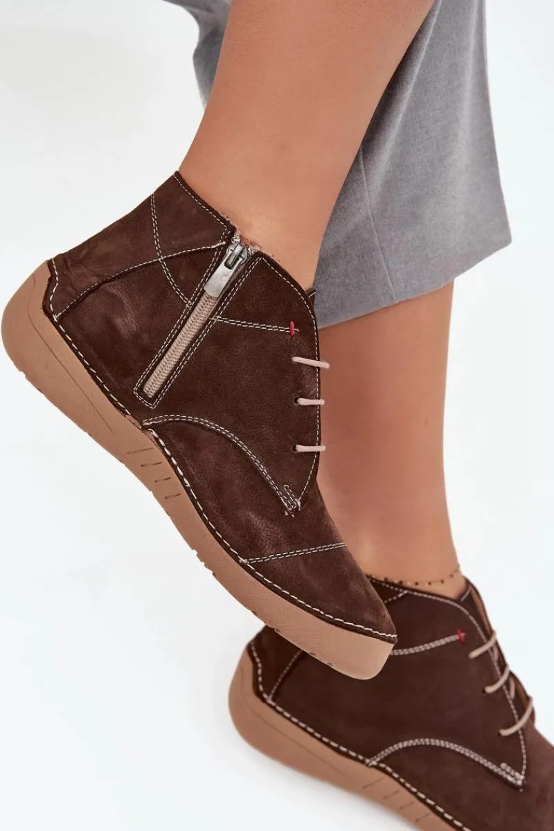 Półbuty Skórzane>Artiker Skórzane Półbuty Damskie Z Przeszyciami Na Zamek 57C2117 Brązowe Brązowy